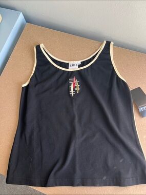 LBH Black Tank Top with Cream Trim and Embroidered Detail